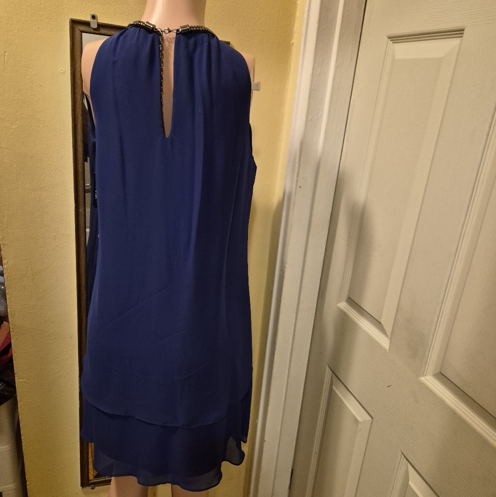 SLNY Women' Elegant Chiffon Layered Sleeveless Mini Iris-Blue Dress Size 12 - Picture 4 of 13